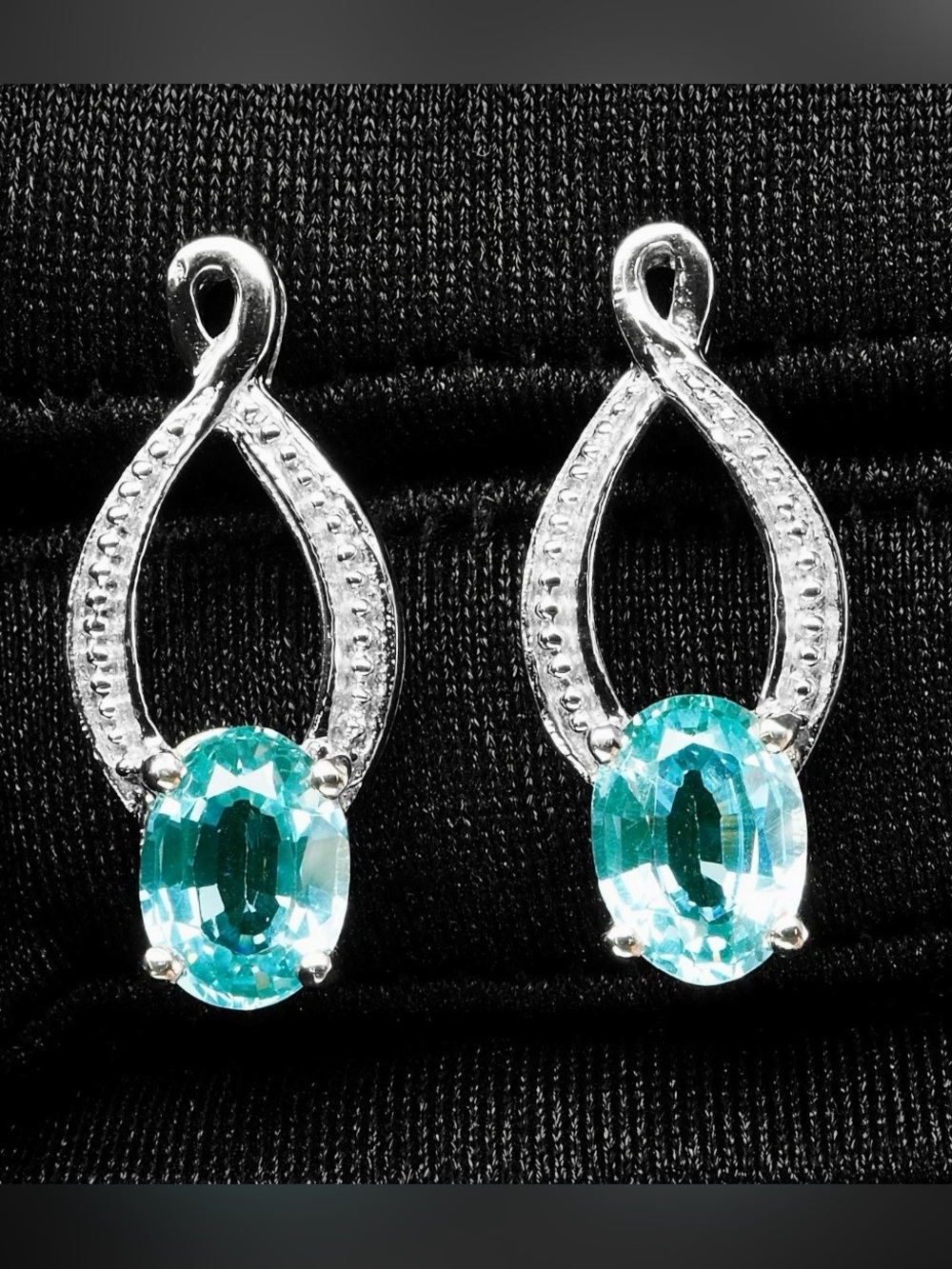 Sea Green Sapphire Earrings 14k white Gold on silver. 3.4ct